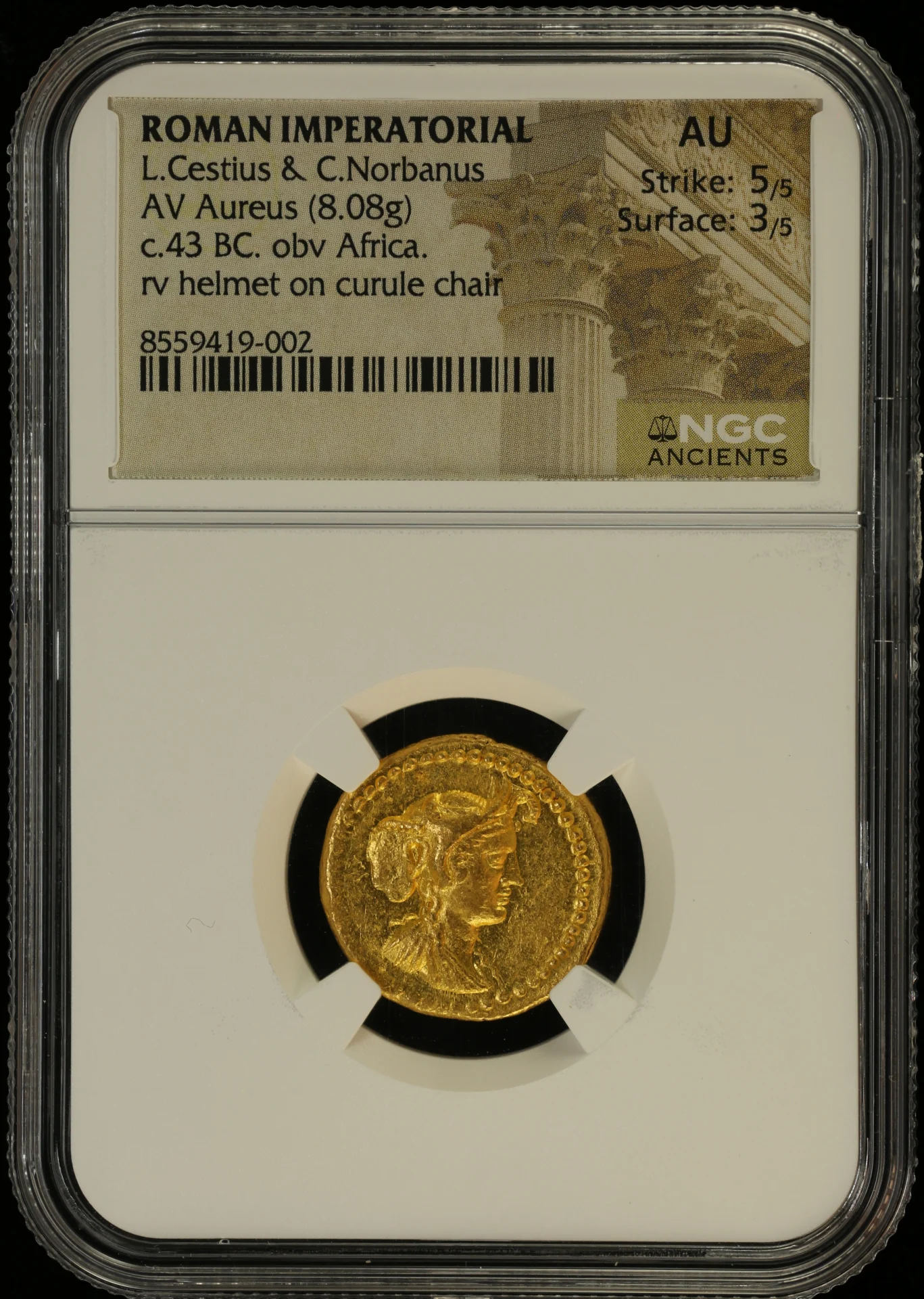 Ancient Coins Roman Imperatorial Roman Imperatorial L. Cestius & C. Norbanus AV Aureus NGC AU 0163603 Roman Imperatorial L. Cestius & C. Norbanus AV Aureus NGC AU 0163603