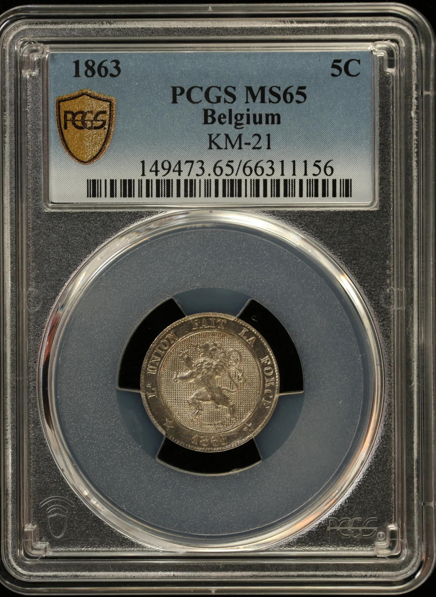 Belgium 5 Centimes 1863 PCGS MS65 KM-21 0163409