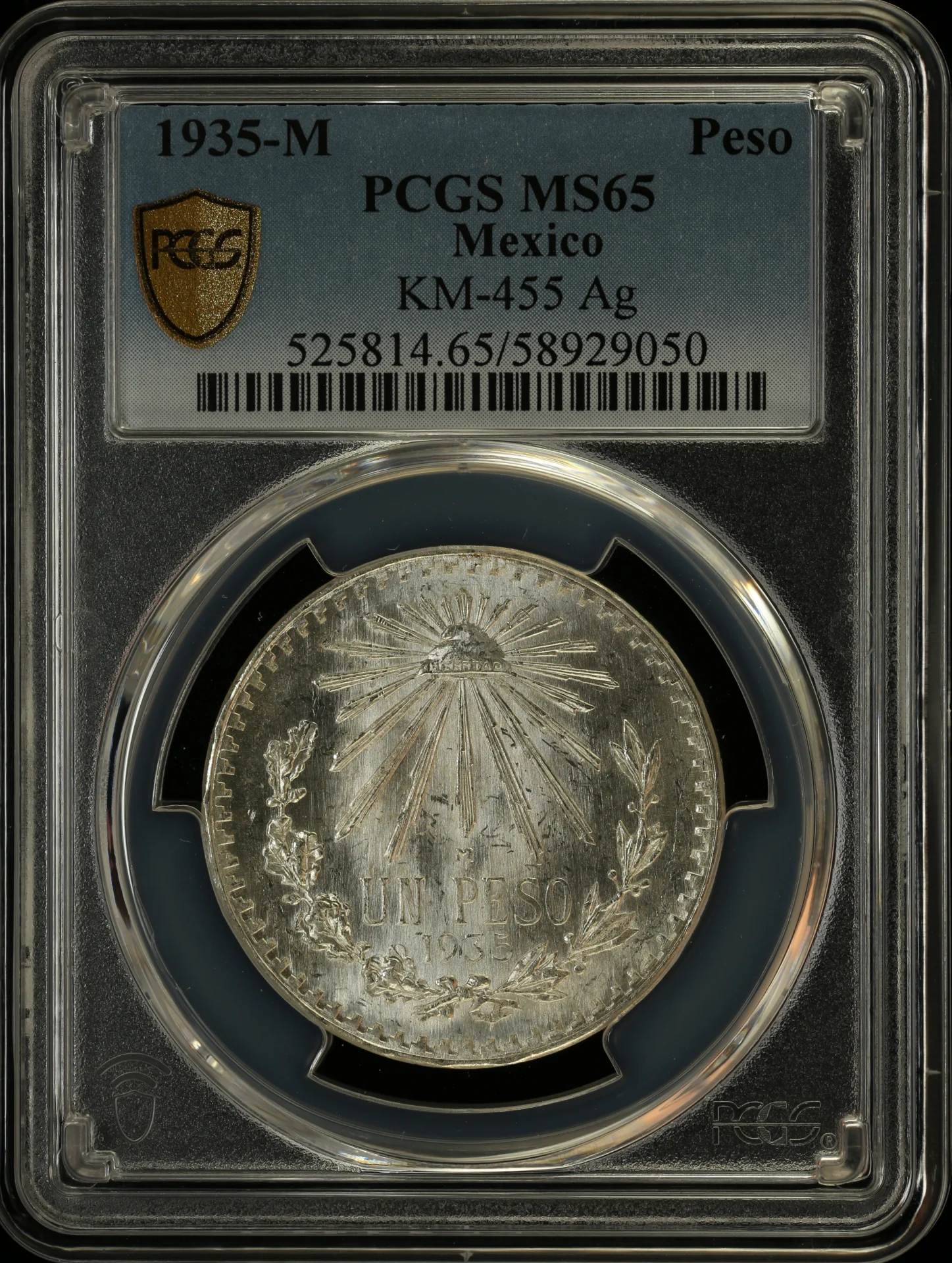 Mexican Coins Modern Silver & Minors Peso Modern Silver & Minors Peso 1935 M KM-455 PCGS MS65 0163608 Modern Silver & Minors Peso 1935 M KM-455 PCGS MS65 0163608