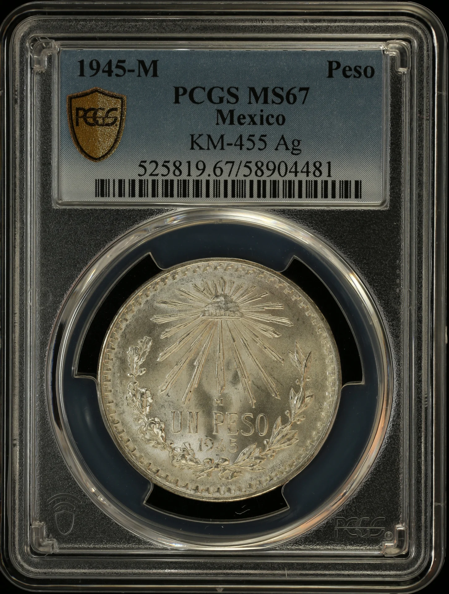 Modern Silver & Minors Peso 1945 M KM-455 PCGS MS67 0163686