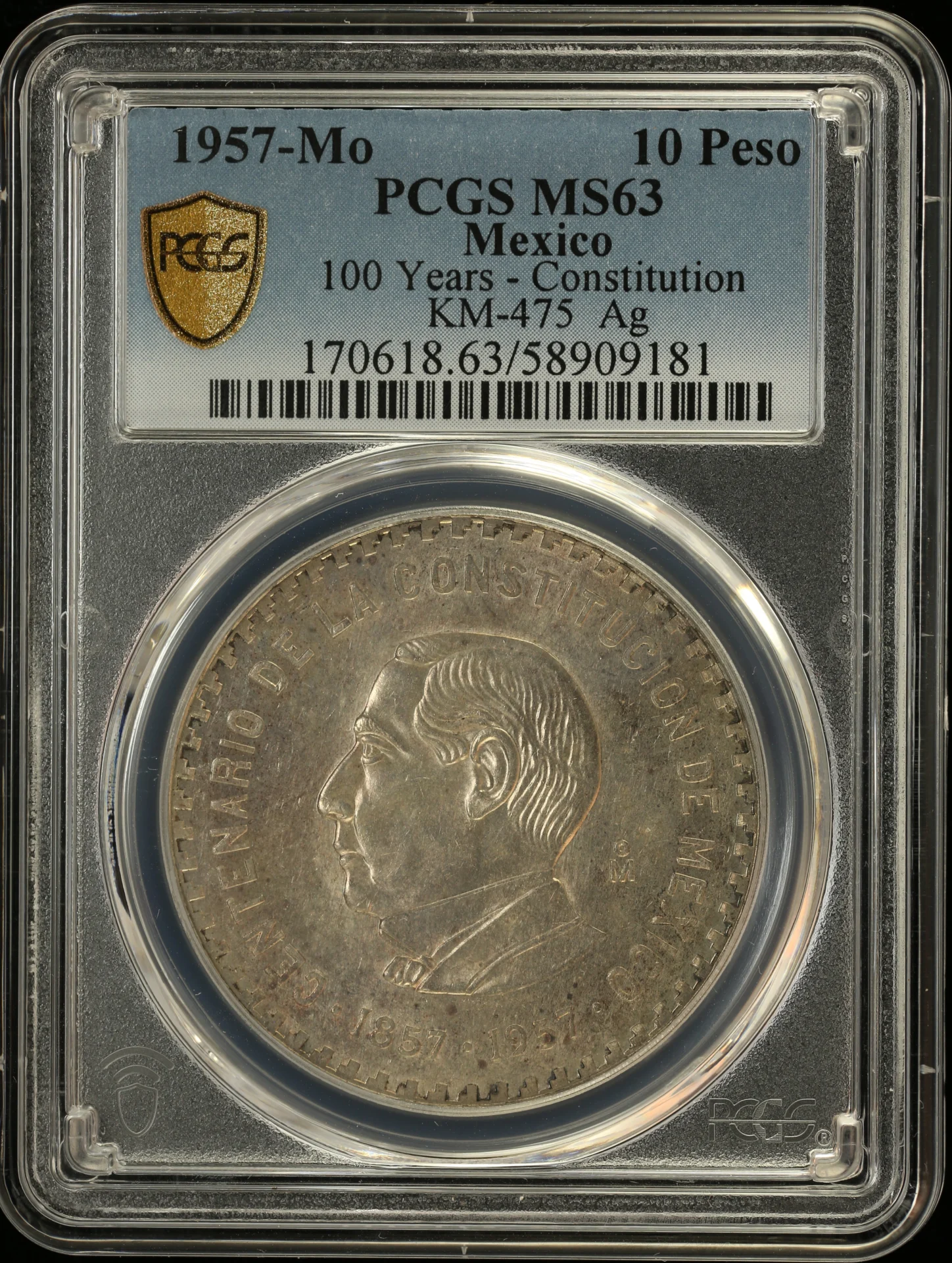 10 Peso Mexican Coins Modern Silver & Minors Modern Silver & Minors 10 Peso 1957 Mo KM-475 PCGS MS63 0163569 Modern Silver & Minors 10 Peso 1957 Mo KM-475 PCGS MS63 0163569