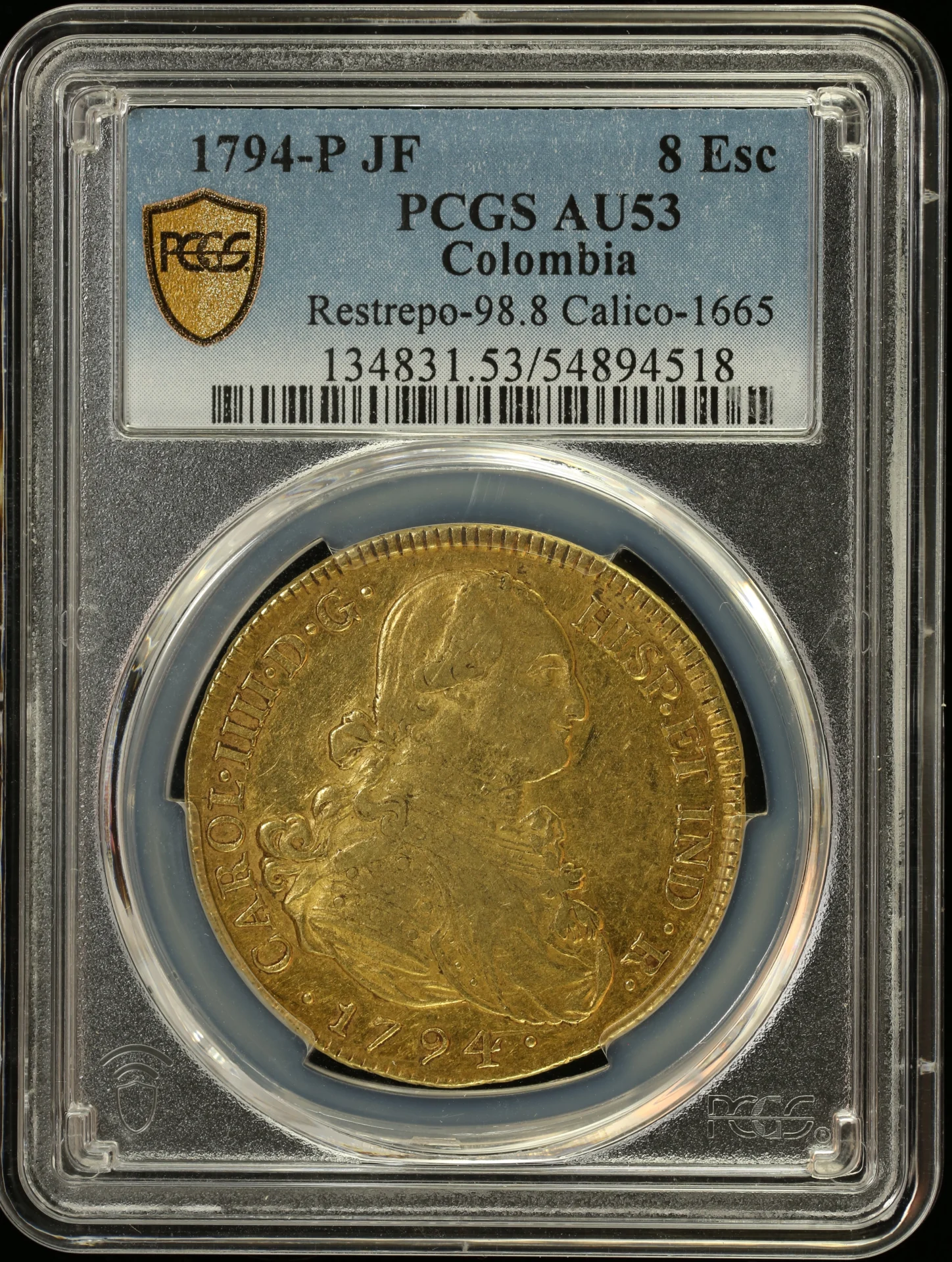 Colombia Latin American Coins Colombia 8 Escudos 1794 P JF Calico-1665 PCGS AU53 0163443 Colombia 8 Escudos 1794 P JF Calico-1665 PCGS AU53 0163443