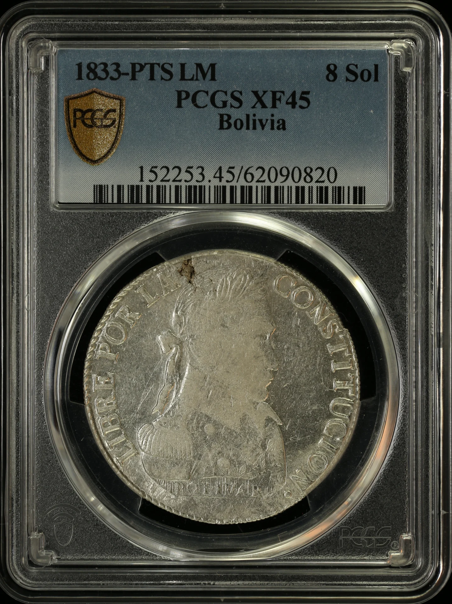 Bolivia 8 Sol 1833 Pts LM PCGS XF45 0163846