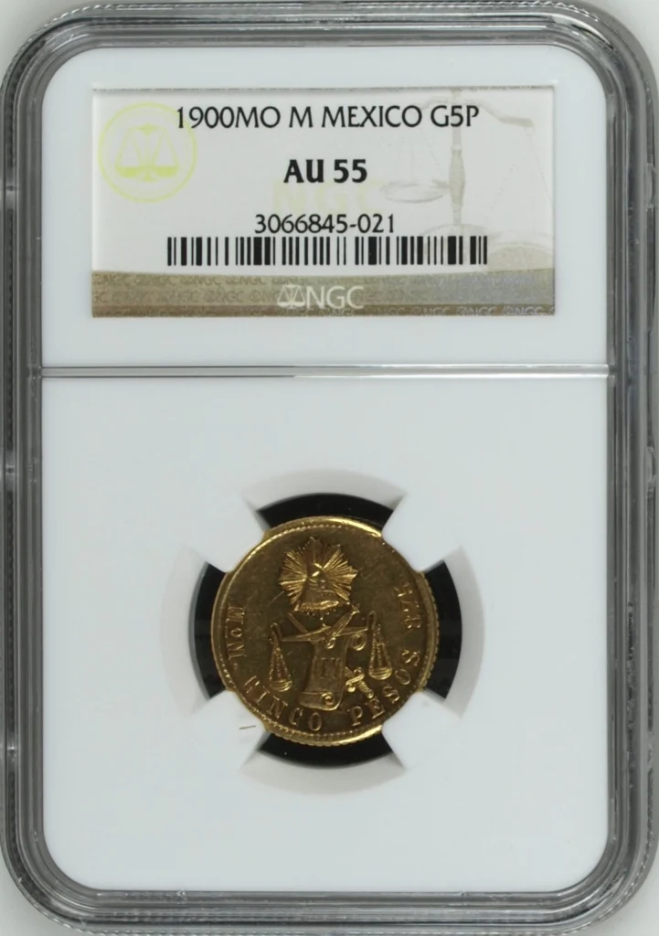 Republic Gold 5 Peso 1900 Mo M NGC AU55 0164104