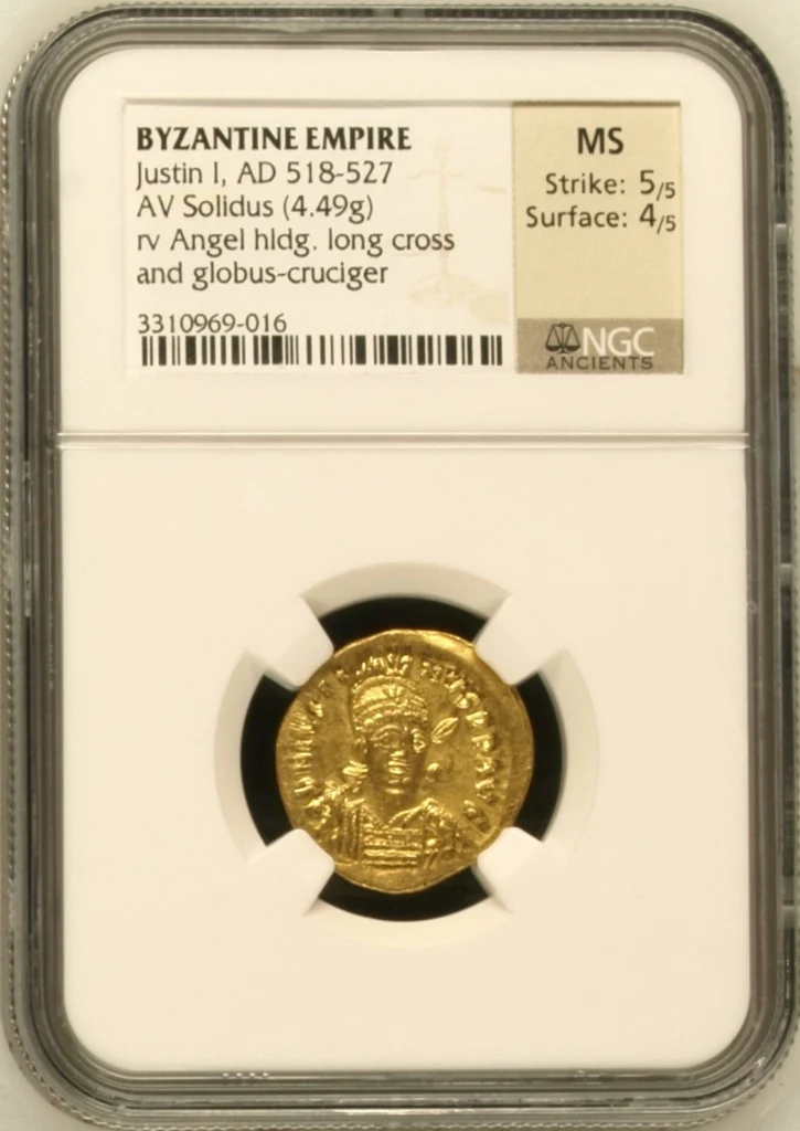 Ancient Coins Byzantine Byzantine Justin I 518-527 AD AV Solidus NGC MS 0164066 Byzantine Justin I 518-527 AD AV Solidus NGC MS 0164066