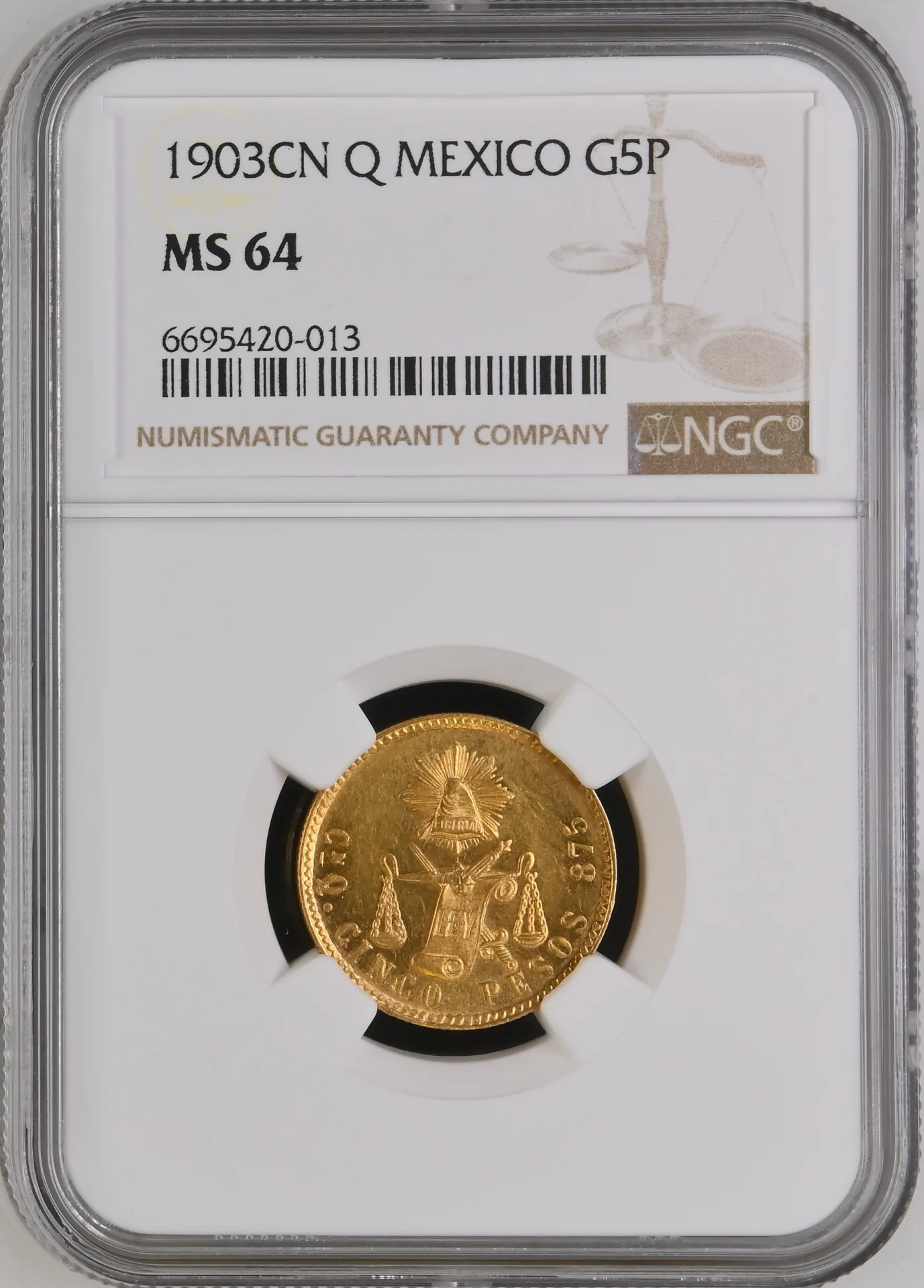 Mexican Coins Republic Gold Republic Gold 5 Peso 1903 Cn Q NGC MS64 0164069 Republic Gold 5 Peso 1903 Cn Q NGC MS64 0164069