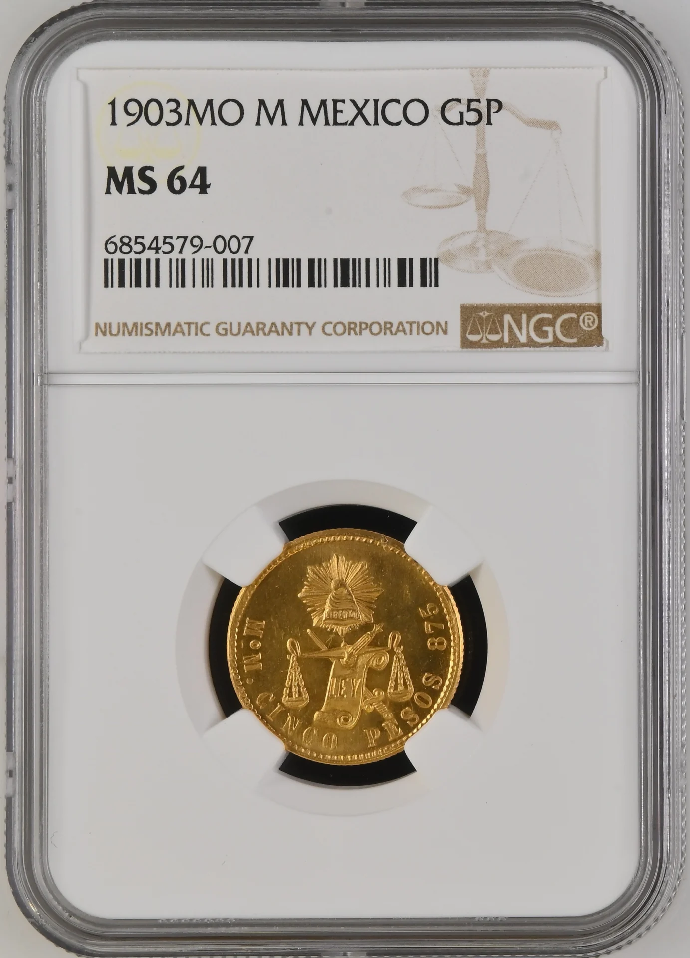 Mexican Coins Republic Gold Republic Gold 5 Peso 1903 Mo M NGC MS64 0164070 Republic Gold 5 Peso 1903 Mo M NGC MS64 0164070