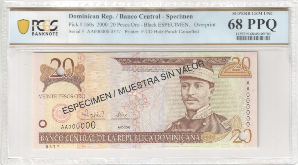 Dominican Republic 20 Pesos Oro 2000 Pick #160s PCGS Superb Gem UNC68 PPQ 0164135