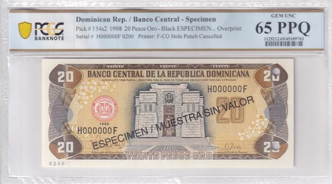 Dominican Republic 20 Pesos Oro 1998 Pick #154s2 PCGS Gem UNC65 PPQ 0164137