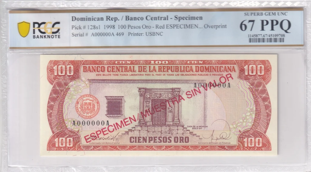 Dominican Republic 100 Pesos Oro 1998 Pick #128s1 PCGS Superb Gem UNC67 PPQ 0164138