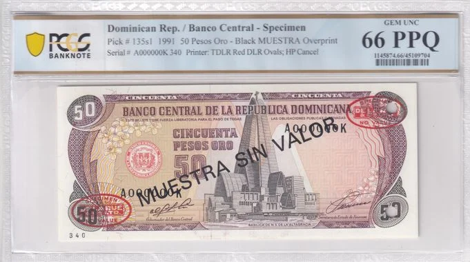 Dominican Republic 50 Pesos Oro 1991 Pick #135s1 PCGS Gem UNC66 PPQ 0164139