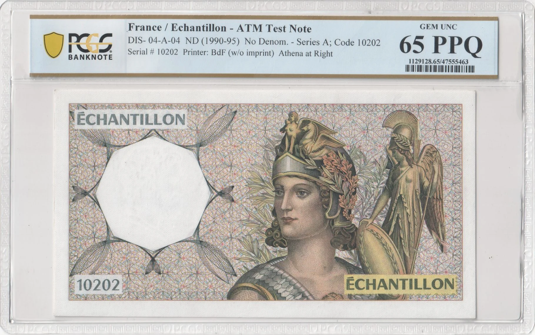 France World Currency France ATM Test Note DIS-04-A-04 PCGS Gem UNC65 PPQ 0164142 France ATM Test Note DIS-04-A-04 PCGS Gem UNC65 PPQ 0164142