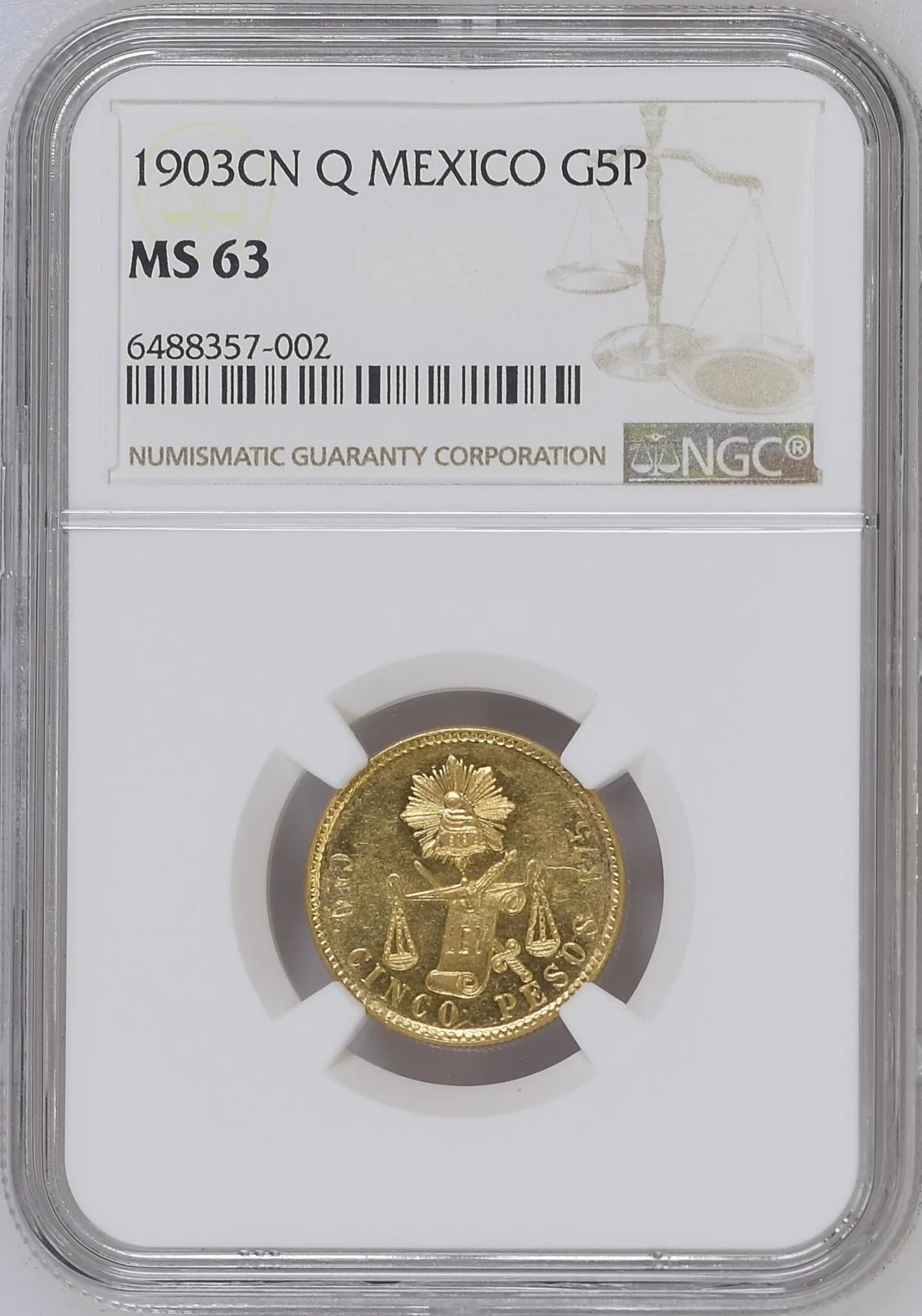 Republic Gold 5 Peso 1903 Cn Q NGC MS63 0164069