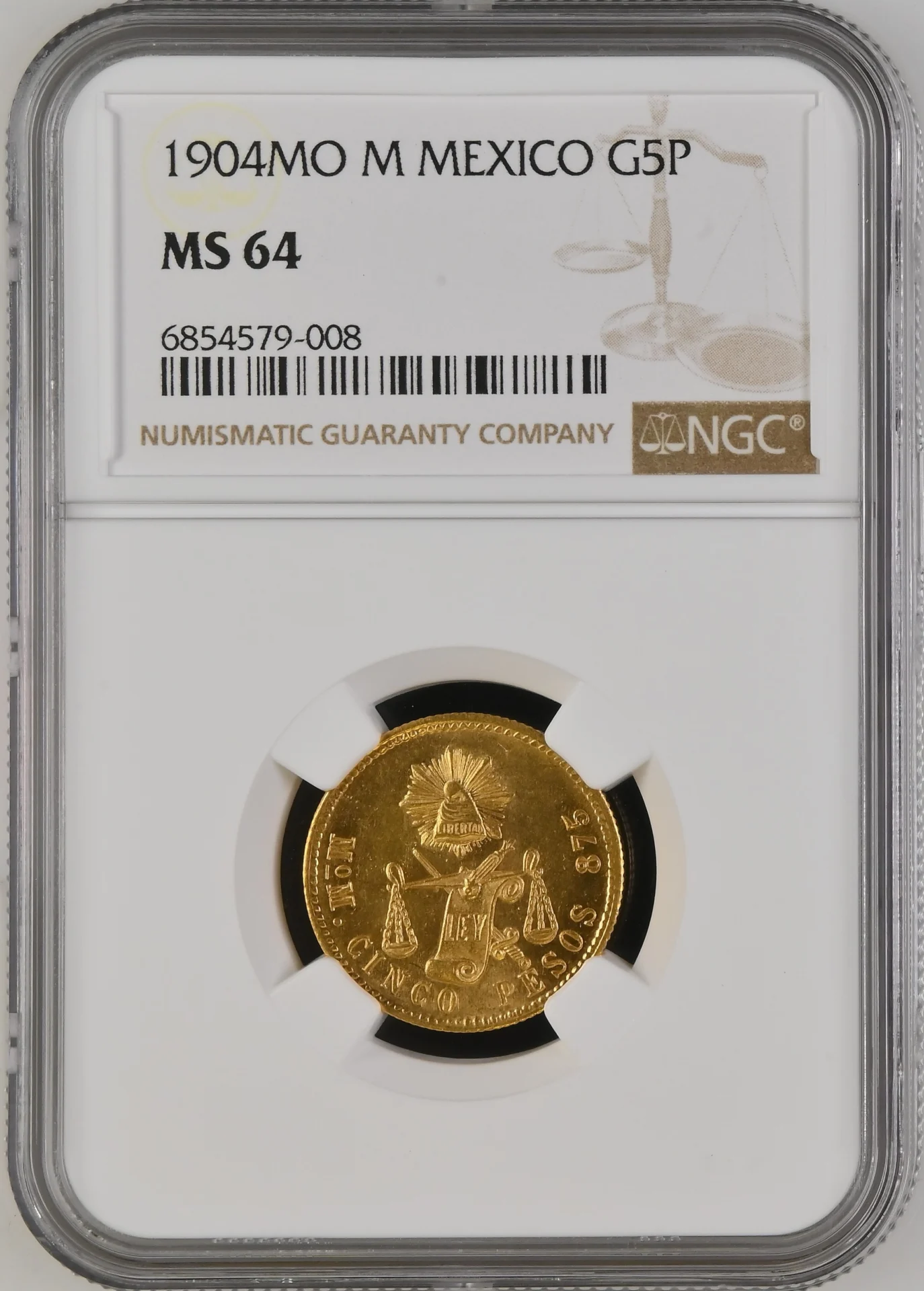 Mexican Coins Republic Gold Republic Gold 5 Peso 1904 Mo M NGC MS64 0164071 Republic Gold 5 Peso 1904 Mo M NGC MS64 0164071