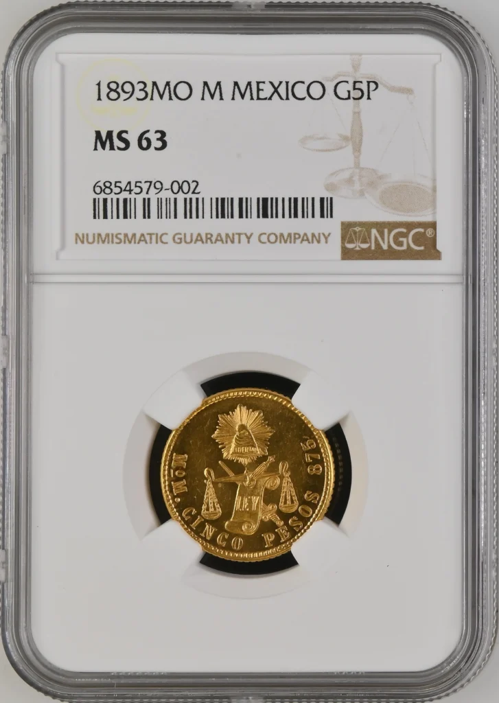 Republic Gold 5 Peso 1893 Mo M NGC MS63 0164072