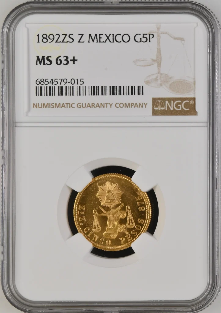 Republic Gold 5 Peso 1892 Zs Z NGC MS63+ 0164073