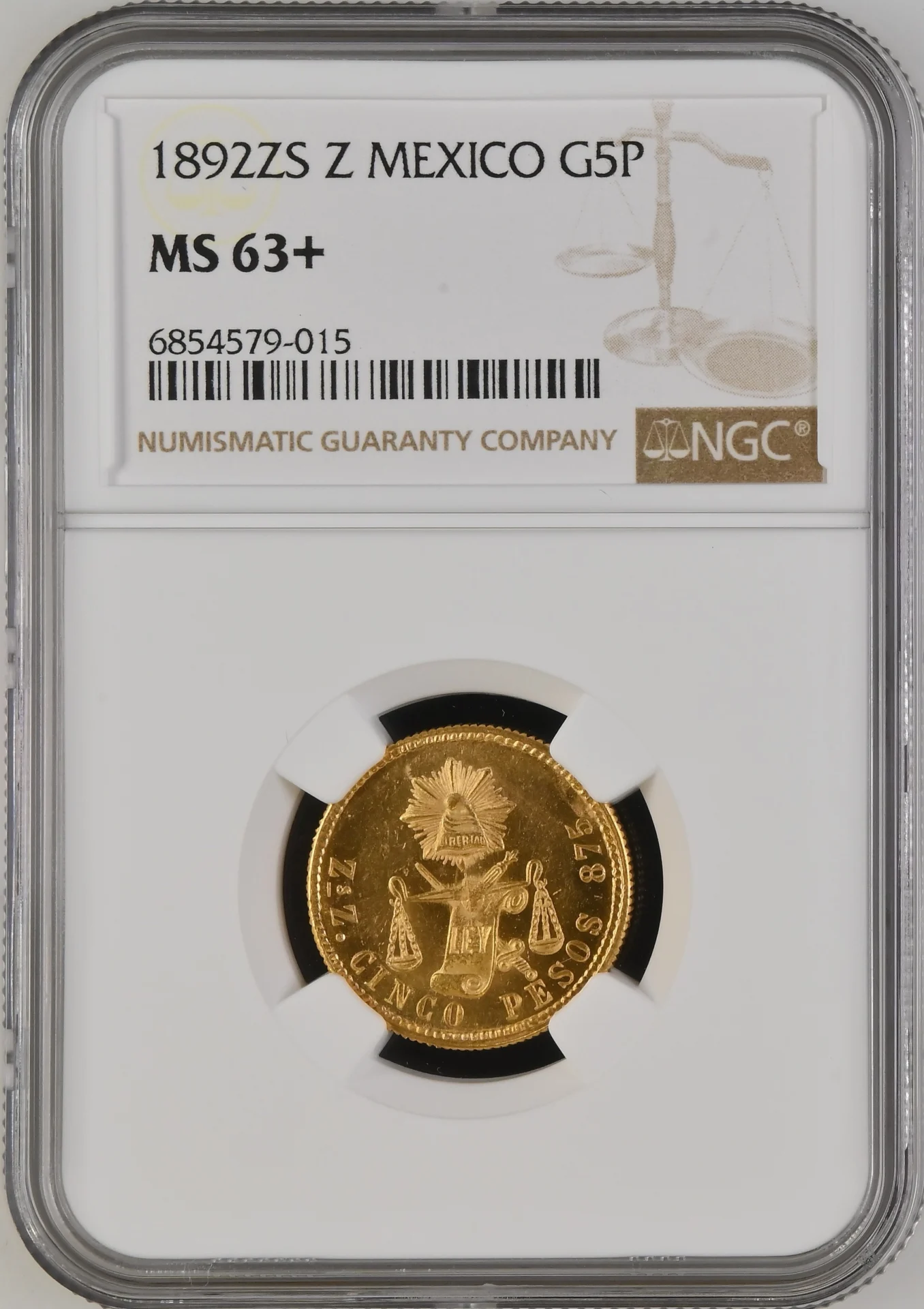 Mexican Coins Republic Gold Republic Gold 5 Peso 1892 Zs Z NGC MS63+ 0164073 Republic Gold 5 Peso 1892 Zs Z NGC MS63+ 0164073