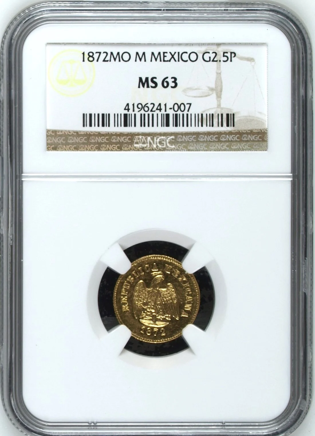Mexican Coins Republic Gold Republic Gold 2.5 Peso 1872 Mo M NGC MS63 0164074 Republic Gold 2.5 Peso 1872 Mo M NGC MS63 0164074Republic Gold 2.5 Peso 1872 Mo M NGC MS63 0164074