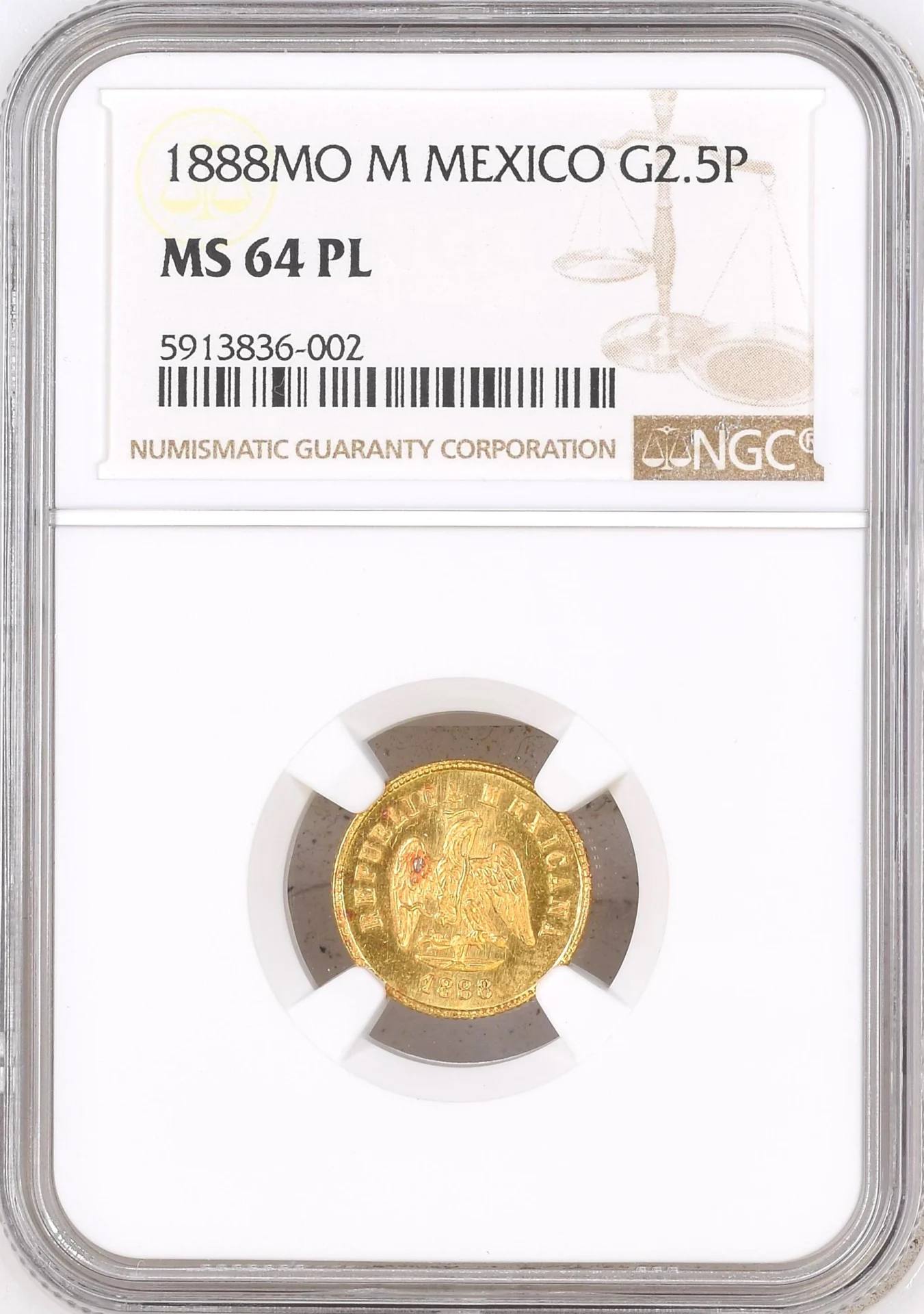 Mexican Coins Republic Gold Republic Gold 2.5 Peso 1888 Mo M NGC MS64PL 0164076 Republic Gold 2.5 Peso 1888 Mo M NGC MS64PL 0164076