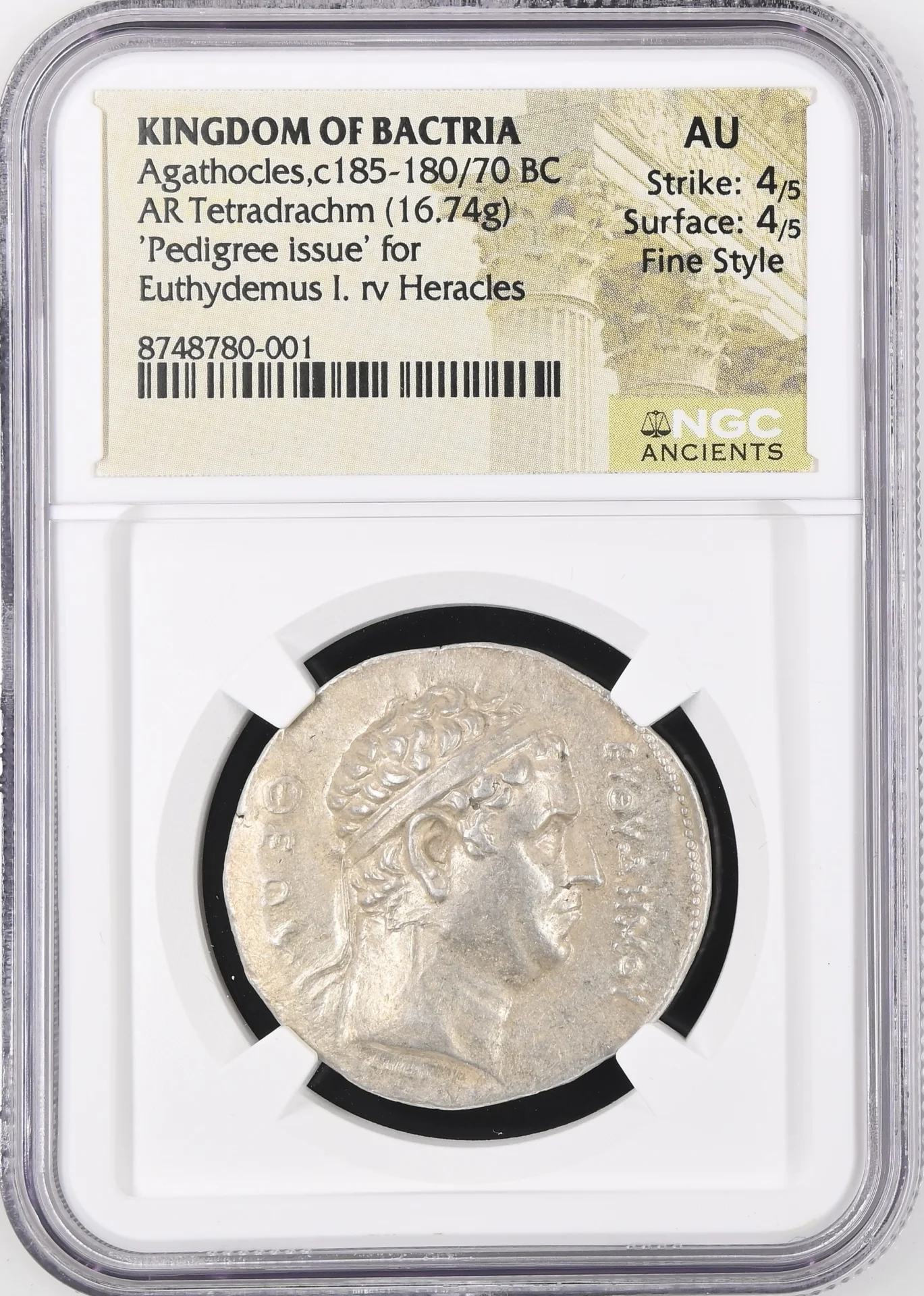 Ancient Coins Baktria and the East Greek Baktria and the East Agathocles c.185-180/70 BC AR Tetradrachm NGC AU 0164081 Baktria and the East Agathocles c.185-180/70 BC AR Tetradrachm NGC AU 0164081