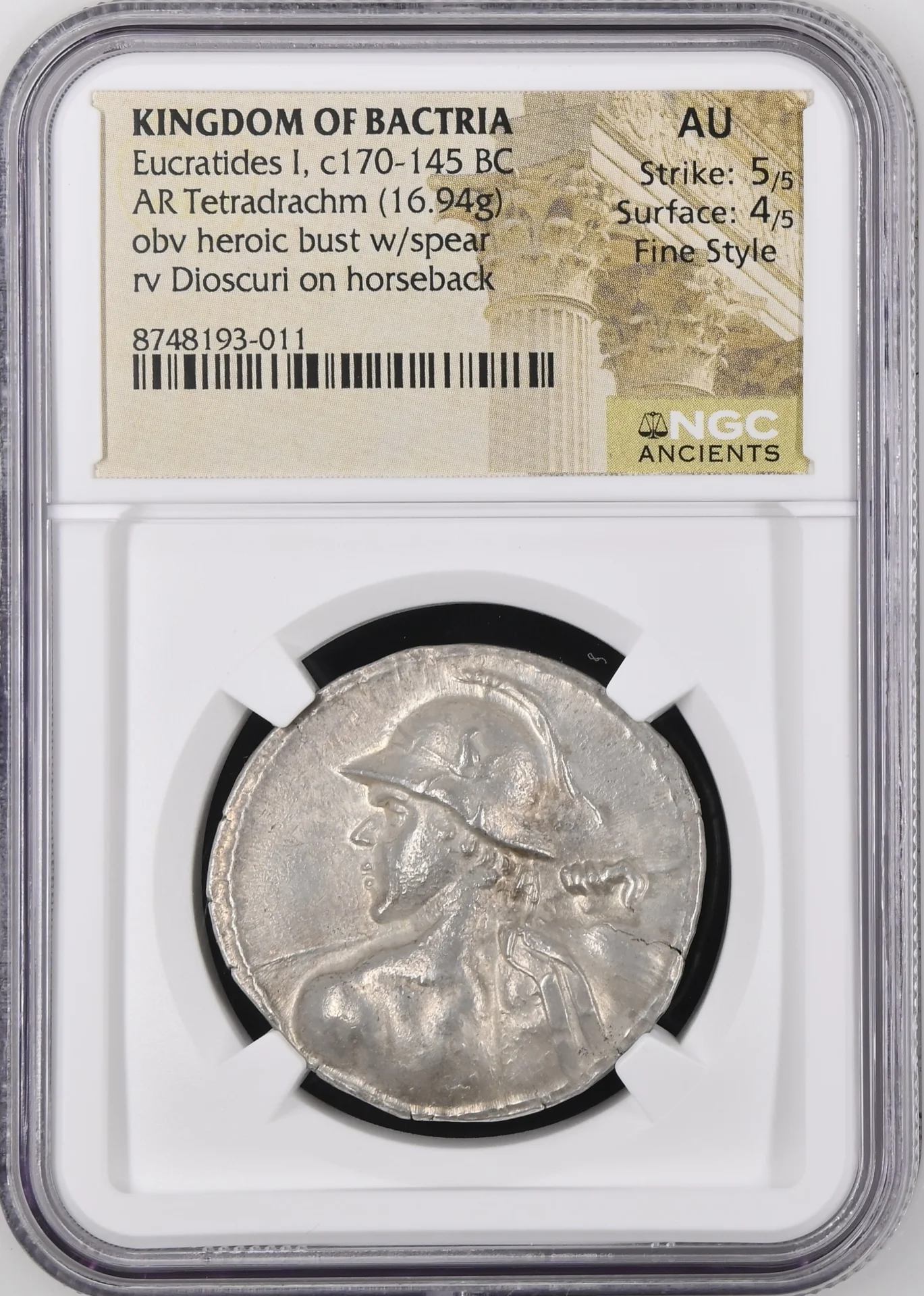 Ancient Coins Baktria and the East Greek Baktria and the East Eucratides I c.170-145 BC AR Tetradrachm NGC AU 0164082 Baktria and the East Eucratides I c.170-145 BC AR Tetradrachm NGC AU 0164082