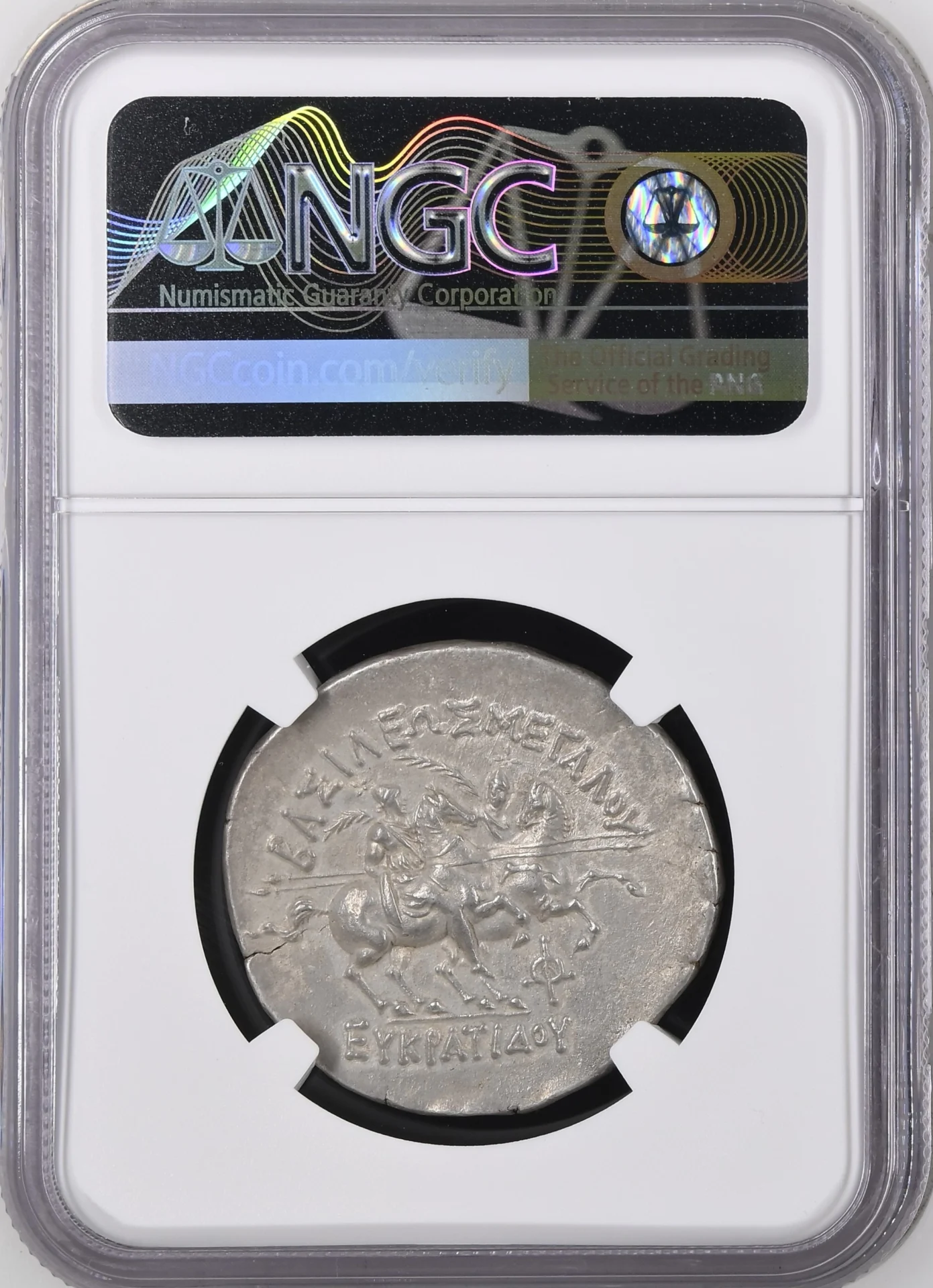 Ancient Coins Baktria and the East Greek Baktria and the East Eucratides I c.170-145 BC AR Tetradrachm NGC AU 0164082 Baktria and the East Eucratides I c.170-145 BC AR Tetradrachm NGC AU 0164082Baktria and the East Eucratides I c.170-145 BC AR Tetradrachm NGC AU 0164082 - Image 2