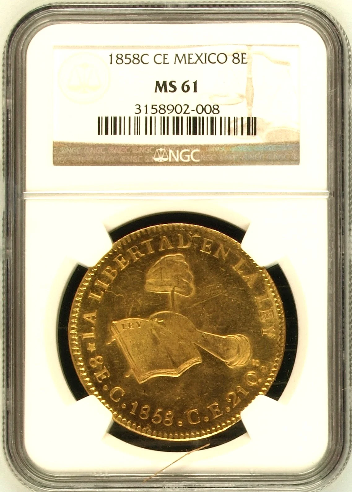Mexican Coins Republic Gold Republic Gold 8 Escudos 1858 C CE NGC MS61 0164085 Republic Gold 8 Escudos 1858 C CE NGC MS61 0164085