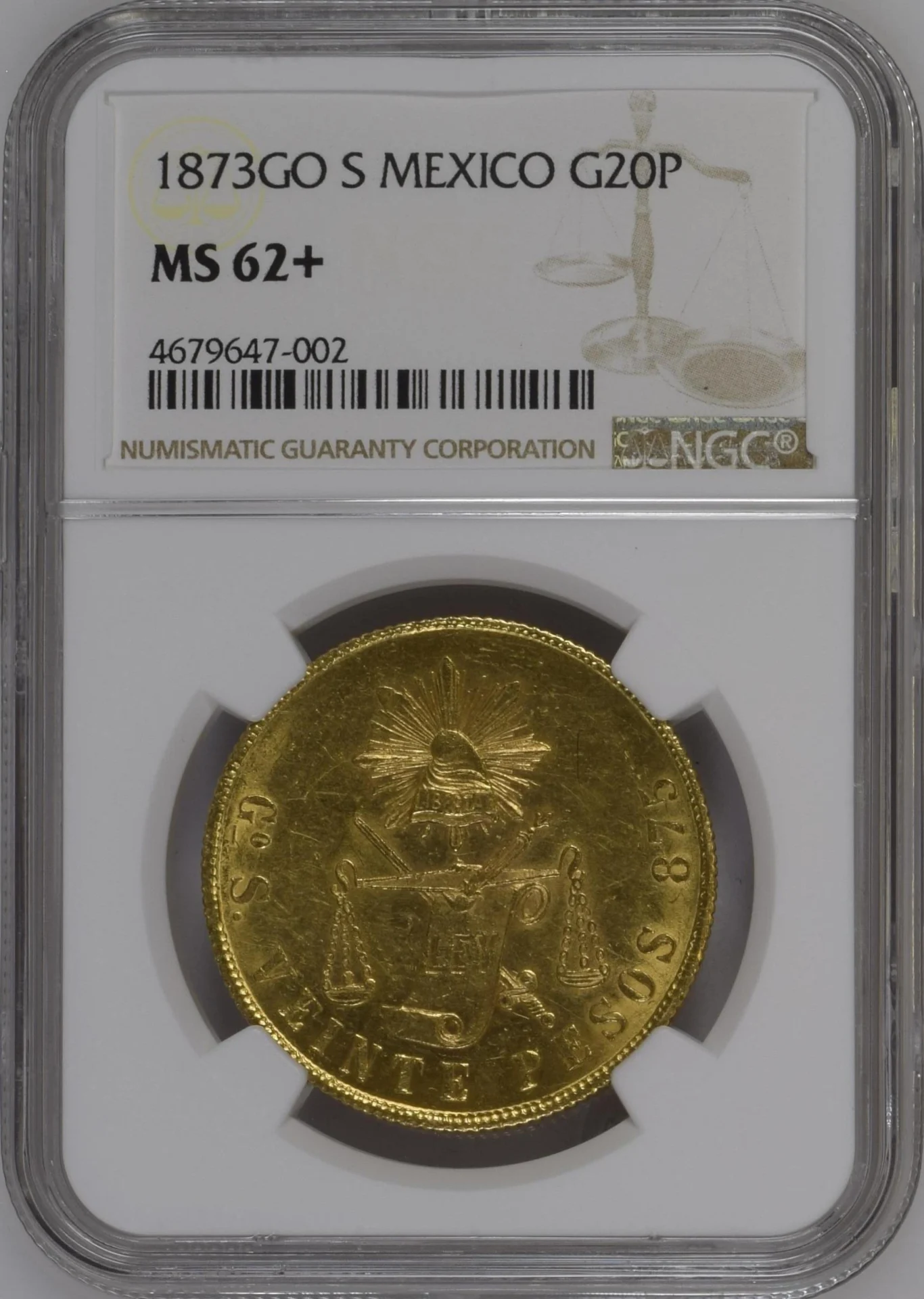 Mexican Coins Republic Gold Republic Gold 20 Peso 1873 Go S NGC MS62+ 0164089 Republic Gold 20 Peso 1873 Go S NGC MS62+ 0164089
