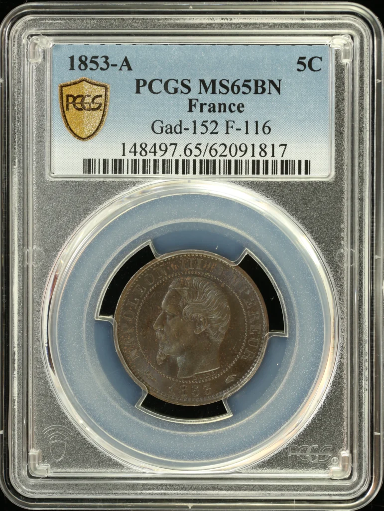 Europe France World Coins France 5 Centime 1853 A Gad-152 PCGS MS65BN 0164205 France 5 Centime 1853 A Gad-152 PCGS MS65BN 0164205