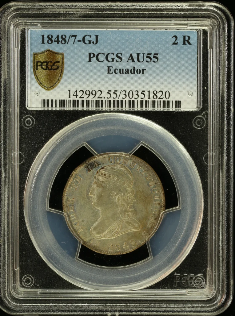 Ecuador Latin American Coins Ecuador 2 Real 1848/7 GJ PCGS AU55 0164091 Ecuador 2 Real 1848/7 GJ PCGS AU55 0164091