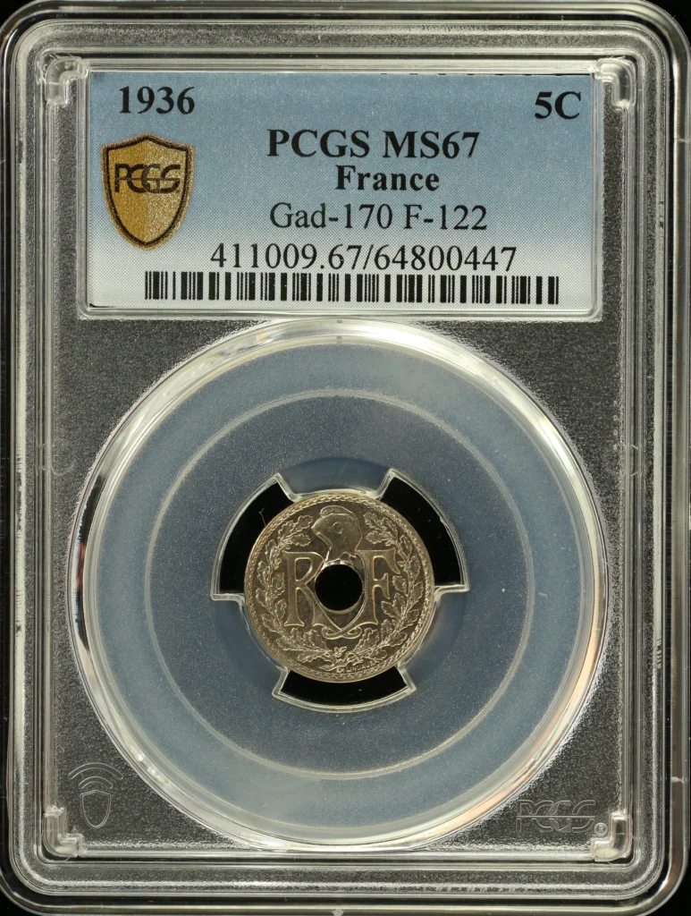 Europe France World Coins France 5 Centimes 1936 Gad-170 PCGS MS67 0163974 France 5 Centimes 1936 Gad-170 PCGS MS67 0163974