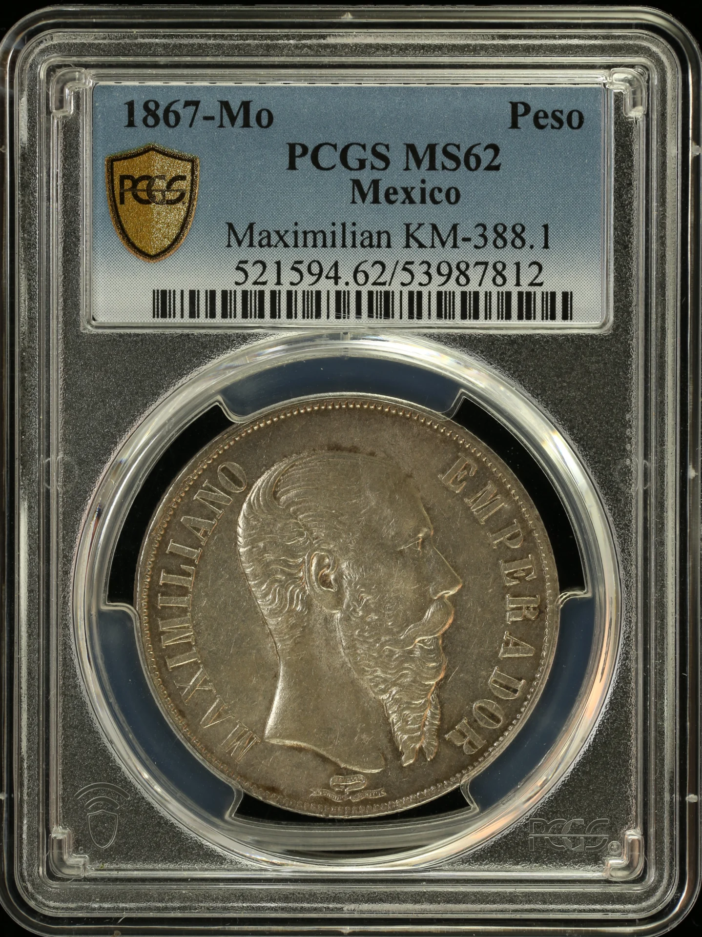 Imperial Era Mexican Coins Imperial Era Peso 1867 Mo KM-388.1 PCGS MS62 0164106 Imperial Era Peso 1867 Mo KM-388.1 PCGS MS62 0164106Imperial Era Peso 1867 Mo KM-388.1 PCGS MS62 0164106