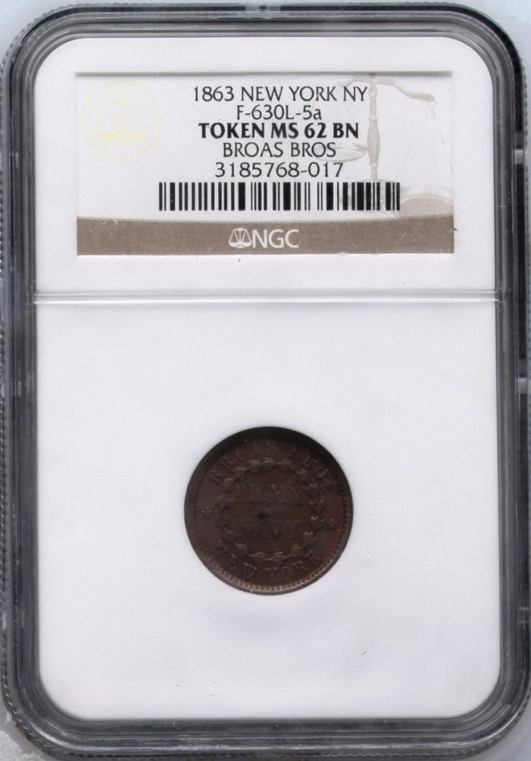 North America United States World Coins United States Civil War Token 1863 F-630L-5a NGC MS62BN 0164865 United States Civil War Token 1863 F-630L-5a NGC MS62BN 0164865