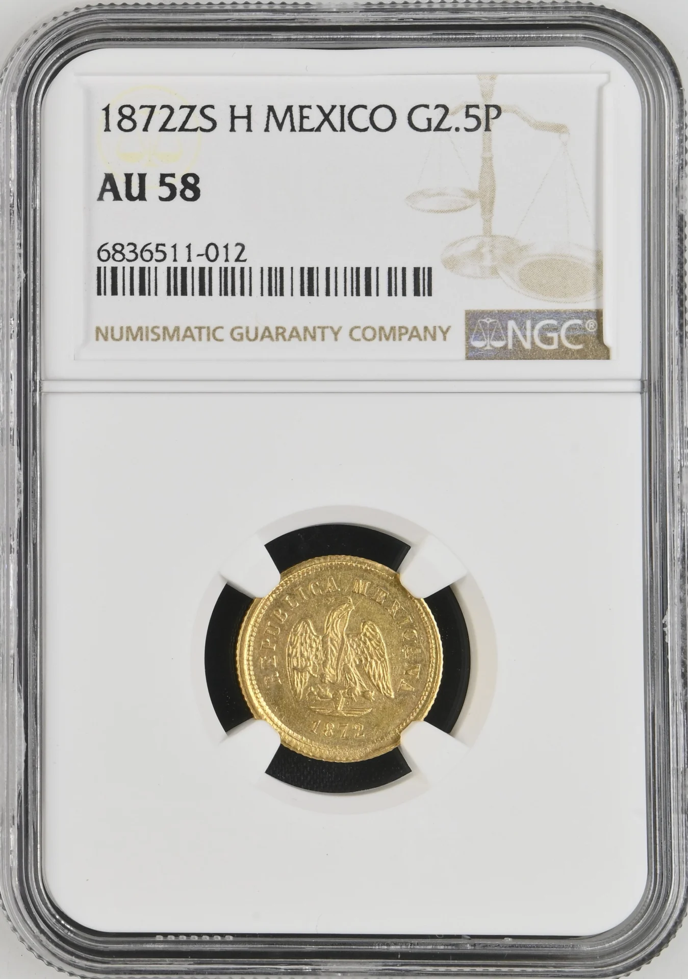 Republic Gold 2.5 Peso 1872 Zs H NGC AU58 0165116