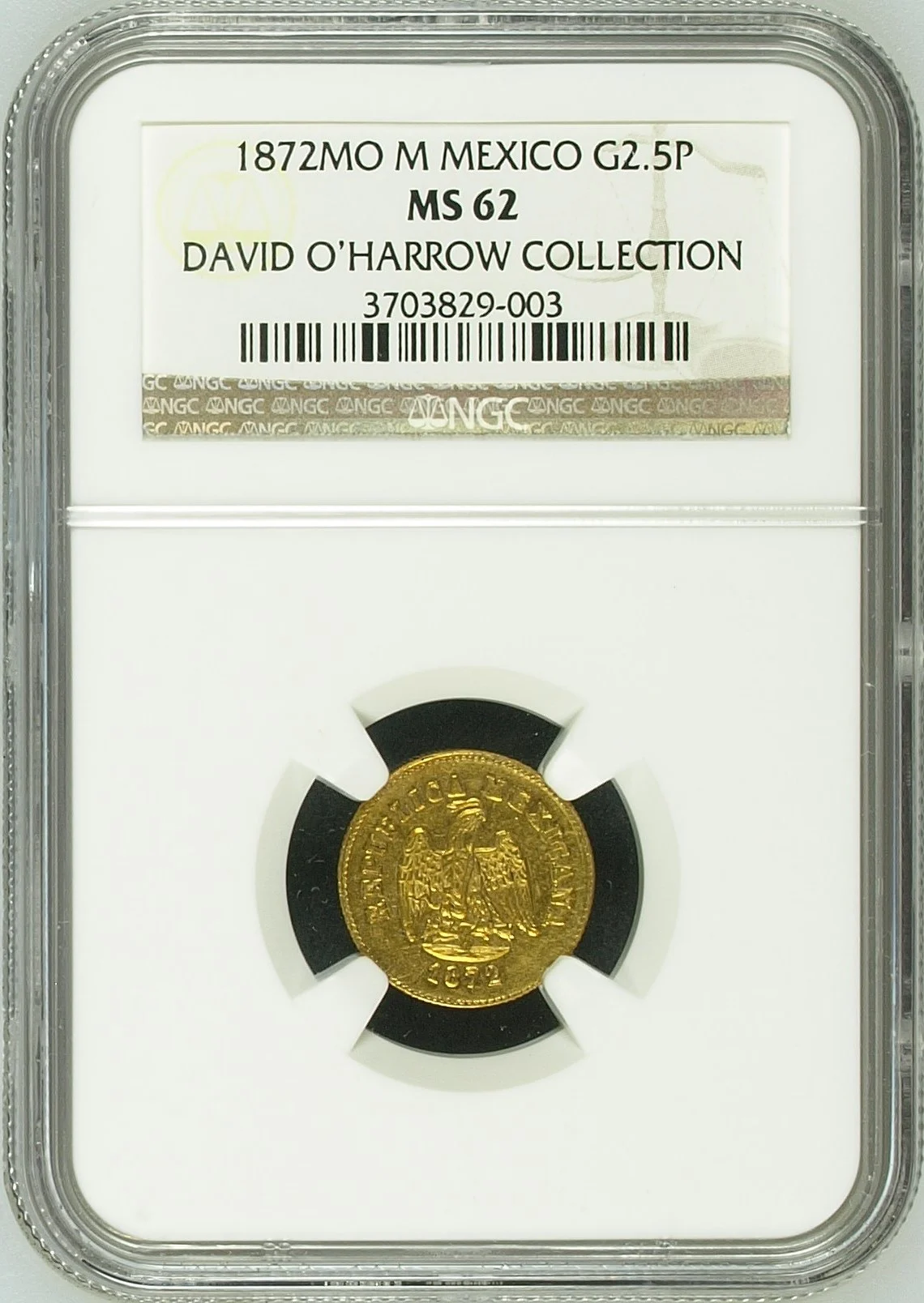 Republic Gold 2.5 Peso 1872 Mo M NGC MS62 0165117