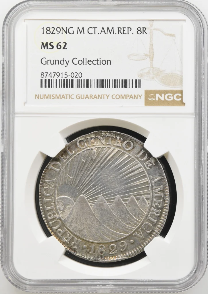 Central American Republic 8 Reales 1829 Ng M NGC MS62 0164737