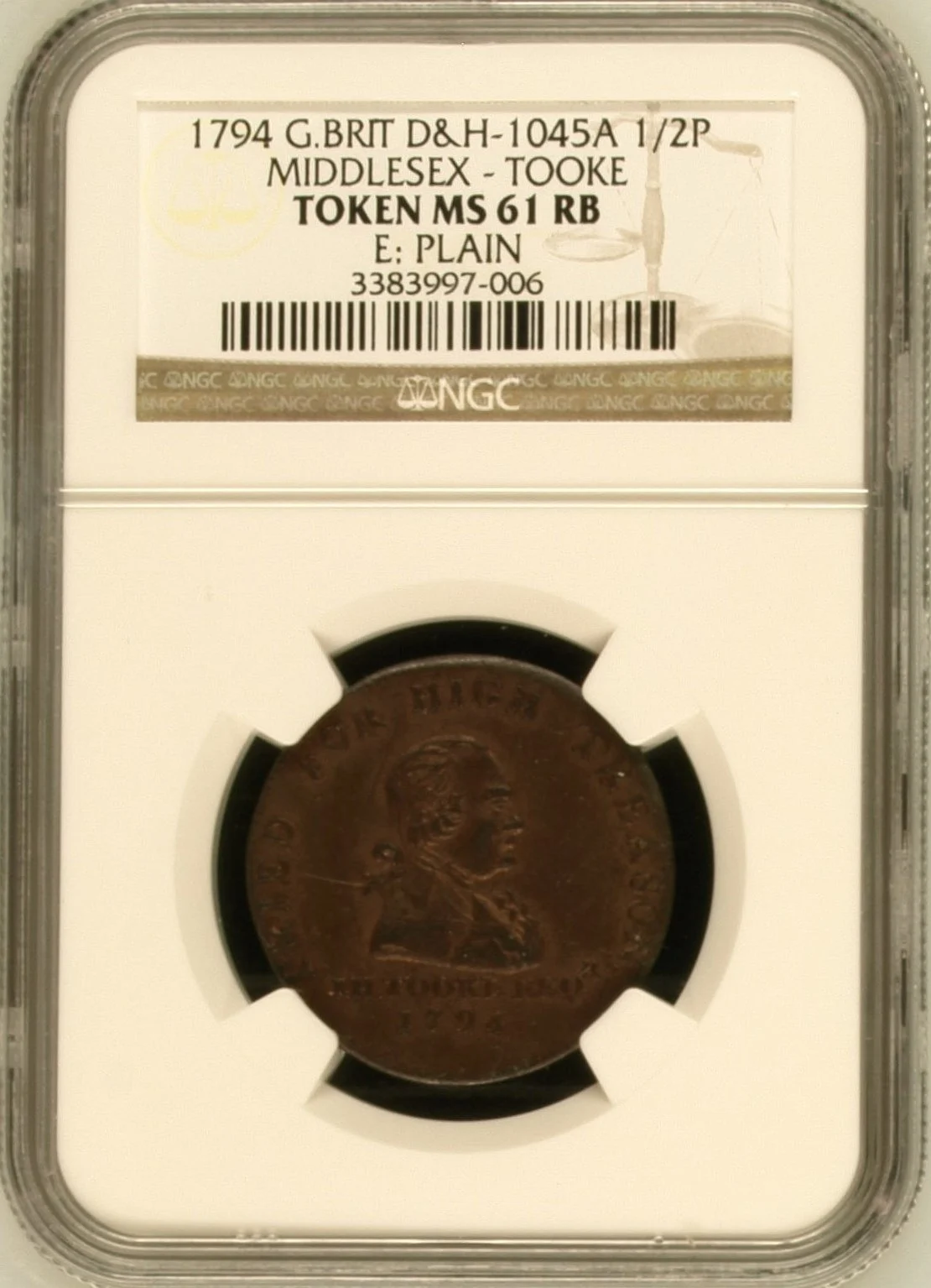 Europe UK (Great Britain) World Coins UK (Great Britain) 1/2 P Token 1794 Middlesex NGC MS61RB 0164869 UK (Great Britain) 1/2 P Token 1794 Middlesex NGC MS61RB 0164869