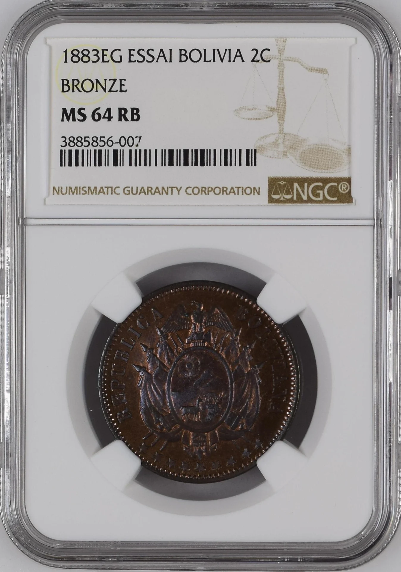 Bolivia Latin American Coins Bolivia 2 Centavo 1883 EG Essai NGC MS64RB 0164875 Bolivia 2 Centavo 1883 EG Essai NGC MS64RB 0164875