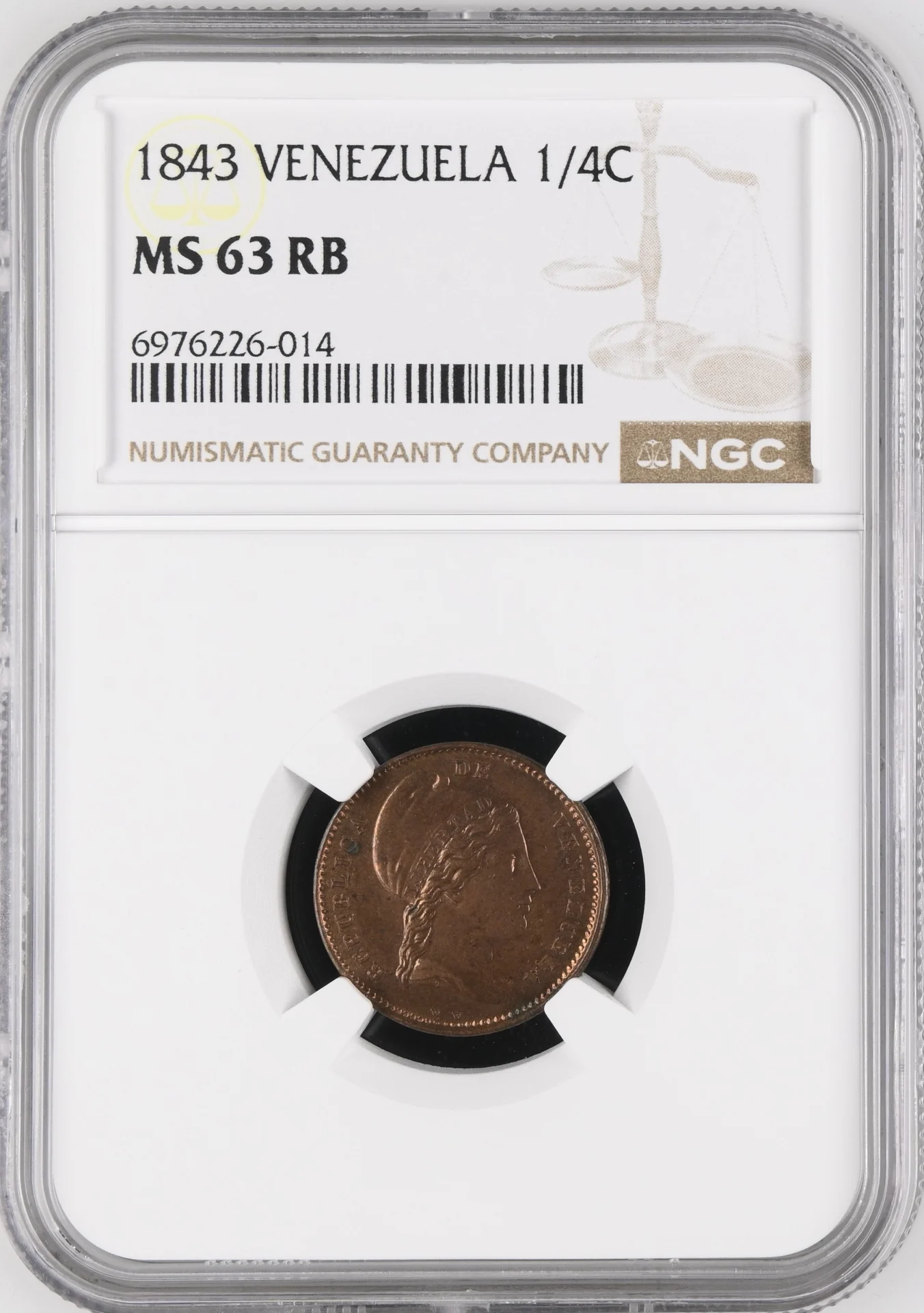 Latin American Coins Venezuela Venezuela 1/4 Centavo 1843 NGC MS63RB 0164924 Venezuela 1/4 Centavo 1843 NGC MS63RB 0164924