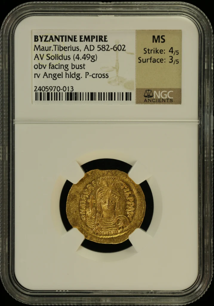 Ancient Coins Byzantine Byzantine Maur. Tiberius 582-602 AD AV Solidus NGC MS 0164392 Byzantine Maur. Tiberius 582-602 AD AV Solidus NGC MS 0164392