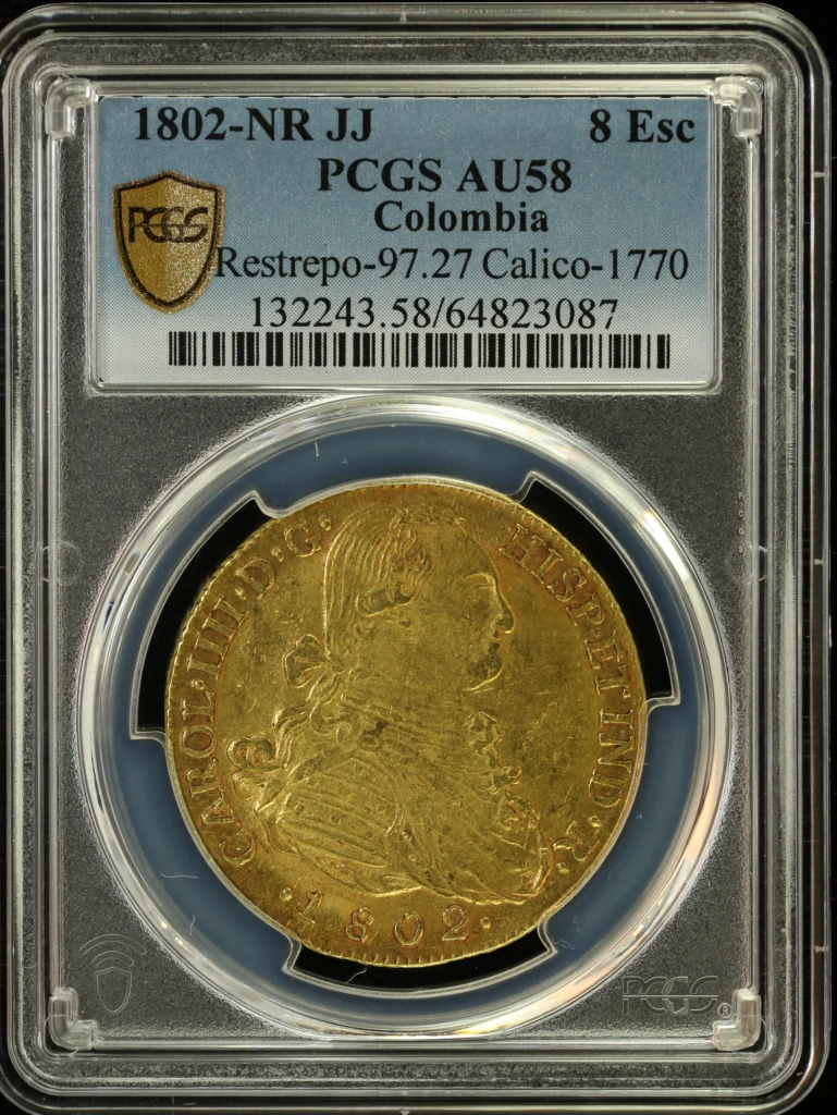 Colombia Latin American Coins Colombia 8 Escudos 1802 Nr JJ Calico-1770 PCGS AU58 0164897 Colombia 8 Escudos 1802 Nr JJ Calico-1770 PCGS AU58 0164897