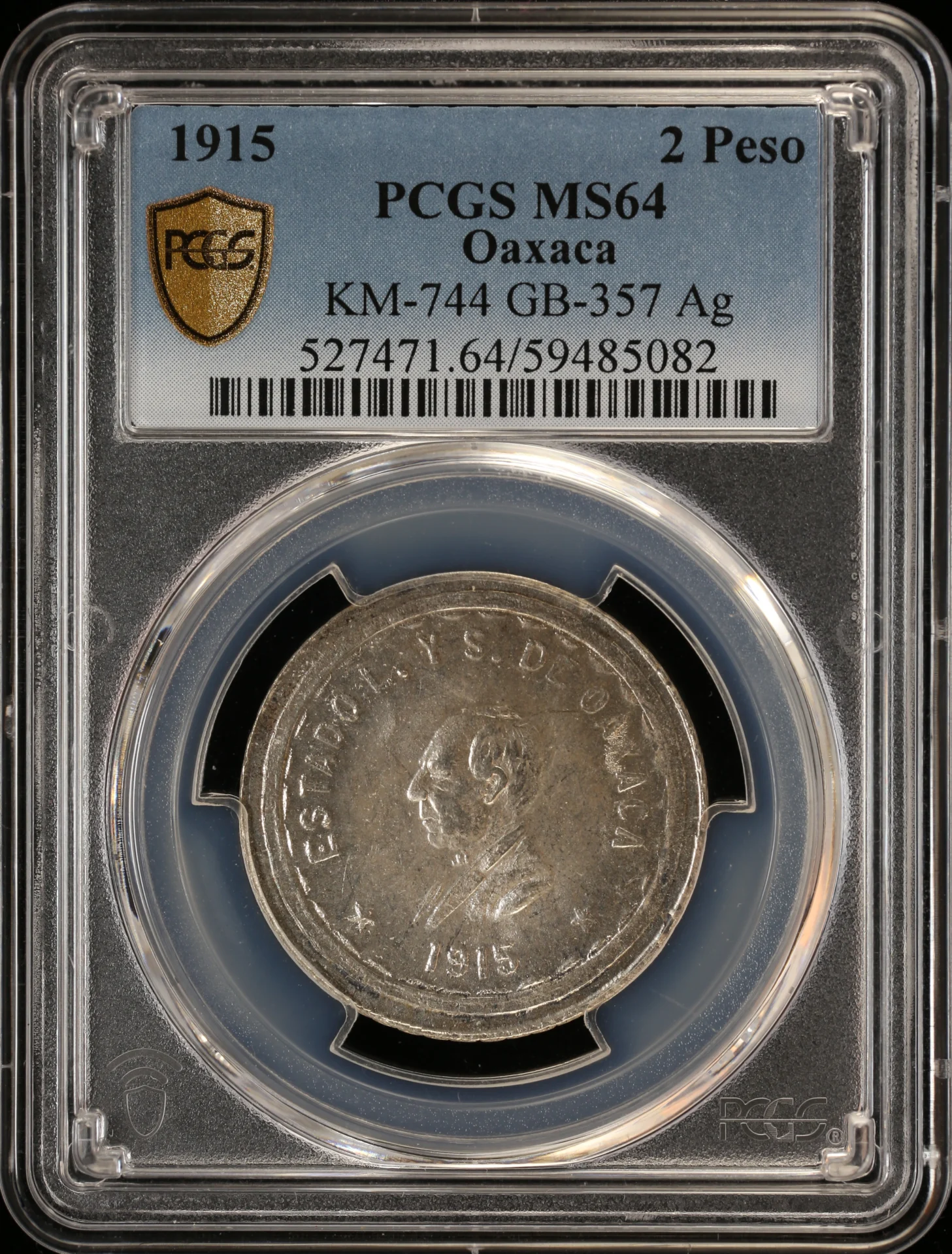 Mexican Coins Oaxaca Revolution Oaxaca 2 Peso 1915 Oaxaca KM-744 PCGS MS64 0164858 Oaxaca 2 Peso 1915 Oaxaca KM-744 PCGS MS64 0164858