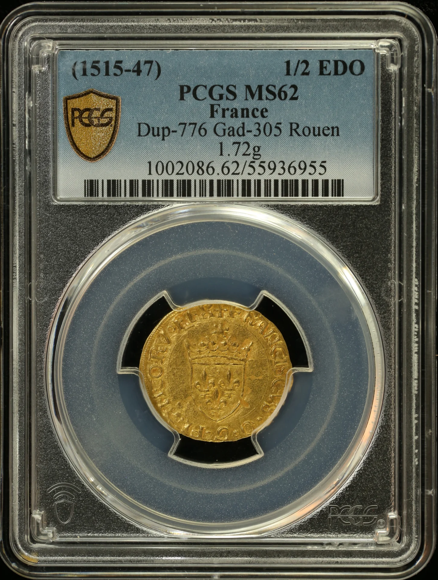 Europe France World Coins France 1/2 Ecu d or (1515-47) Rouen Gad-305 PCGS MS62 0164818 France 1/2 Ecu d or (1515-47) Rouen Gad-305 PCGS MS62 0164818