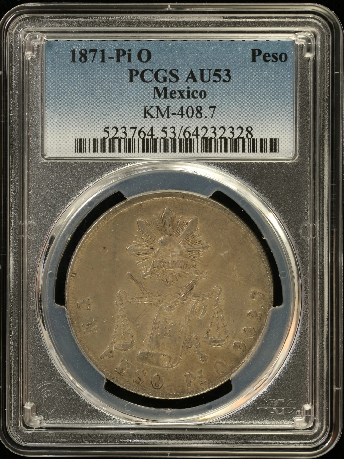 Mexican Coins Republic Silver & Minors Republic Silver & Minors Peso 1871 Pi O KM-408.7 PCGS AU53 0164810 Republic Silver & Minors Peso 1871 Pi O KM-408.7 PCGS AU53 0164810