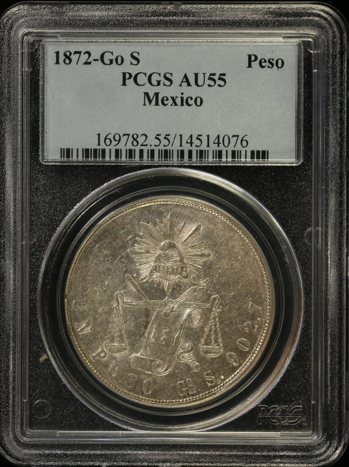 Mexican Coins Republic Silver & Minors Republic Silver & Minors Peso 1872 Go S PCGS AU55 0164811 Republic Silver & Minors Peso 1872 Go S PCGS AU55 0164811
