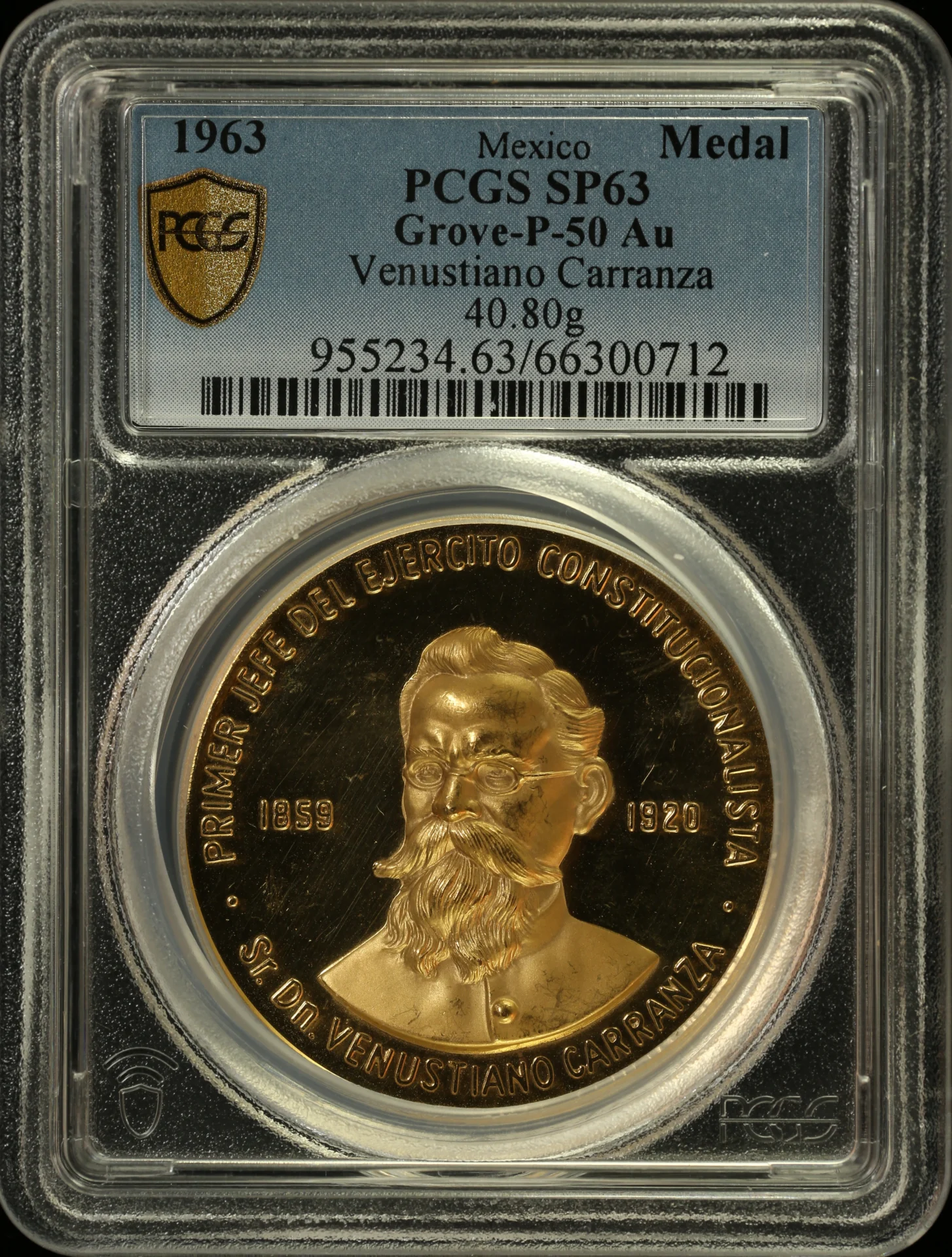 Medals & Tokens Mexican Coins Modern Gold Medals & Tokens Modern Gold Venustiano Carranza Gold Medal 1963 Grove-P-50 PCGS SP63 0164337 Medals & Tokens Modern Gold Venustiano Carranza Gold Medal 1963 Grove-P-50 PCGS SP63 0164337