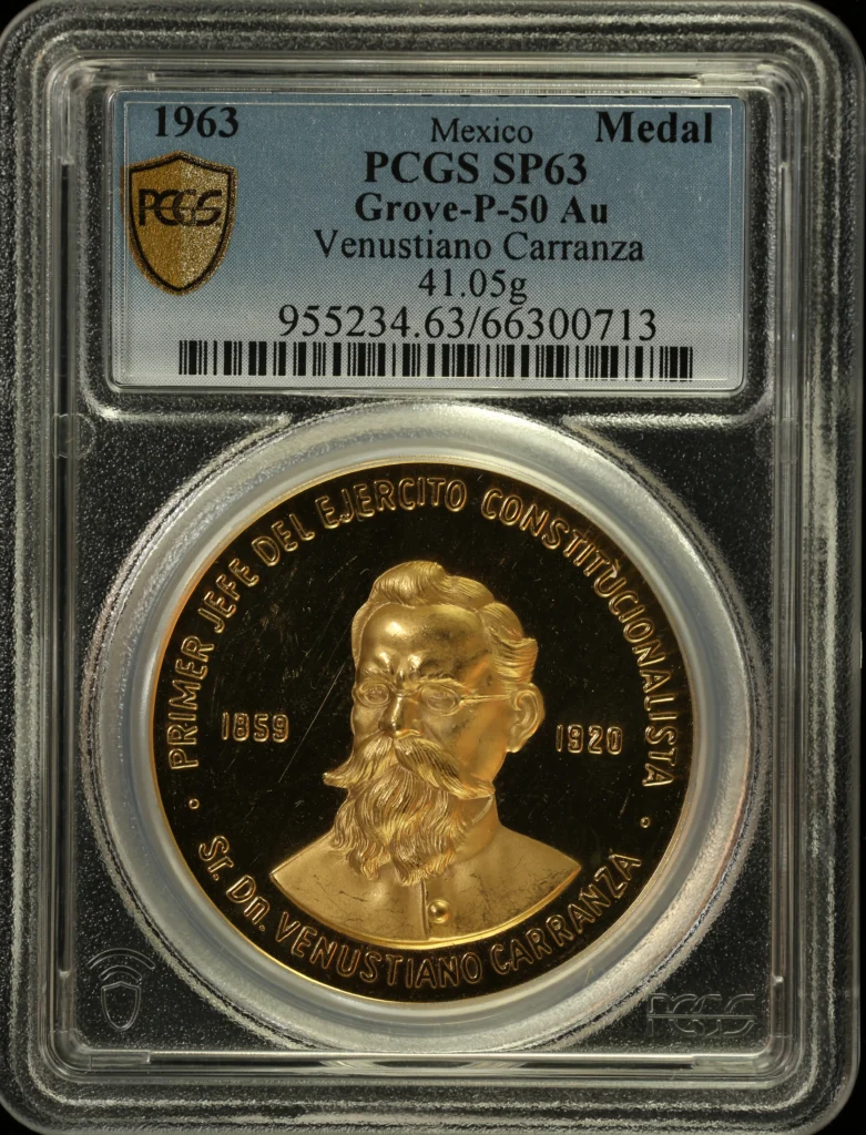 Medals & Tokens Mexican Coins Modern Gold Medals & Tokens Modern Gold Venustiano Carranza Gold Medal 1963 Grove-P-50 PCGS SP63 0164338 Medals & Tokens Modern Gold Venustiano Carranza Gold Medal 1963 Grove-P-50 PCGS SP63 0164338